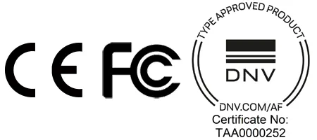 Logos CE-Kennzeichnung, FCC-Zeichen und DNV-Zertifikat