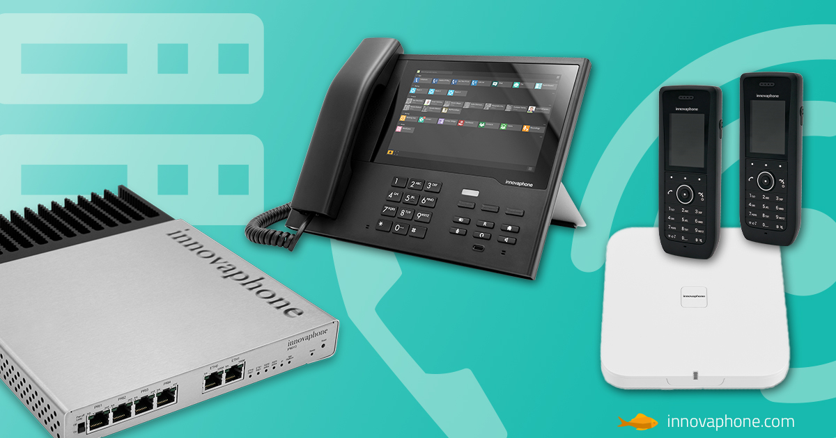 Hardware Geräte von innovaphone, darunter ein Gateway, ein IP-Telefon und eine DECT-box mit zwei Handsets