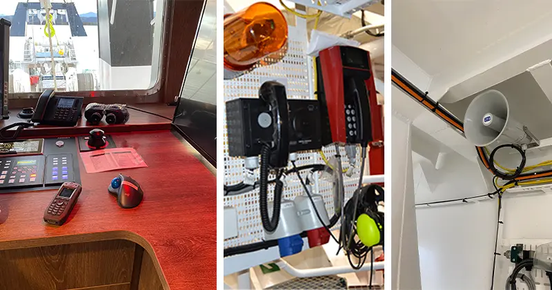 collage of IP phones and DECT devices by innovaphone installaed and set up on a ship