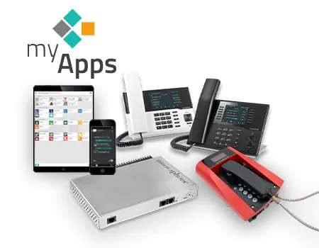 Mehrere innovaphone Geräte, sowie myApps Logo mit Anwendung auf Smartphone und Tablet