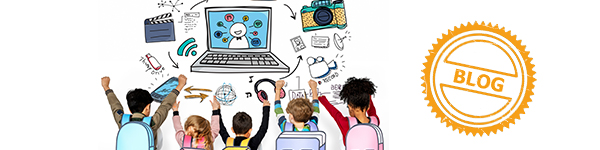 jubelnde Kinder mit Schulranzen, vor einigen Symbolen, z.B. einem Laptop, einer Kamera und einem Internetsymbol