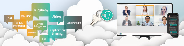 Cloud; Sprechblasen mit Apps; Bildschirm mit Videokonferenz