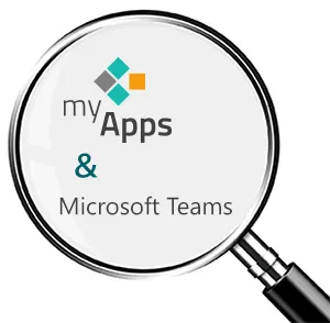 magnifying glass highlighting the innovaphone myApps logo and Microsoft Teams