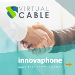 Handschlag von zwei Personen, Logo Virtual Cable, Logo innovaphone