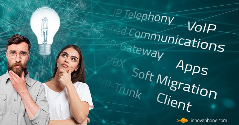 a man with a beard and a woman with long hair striking a thinking pose with a light bulb over their heads. A turquoise background with key phraseson VoIP, SIP, IP telephony and more