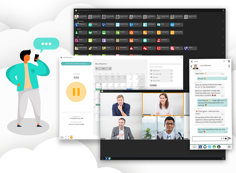 myApps Cloud mit Screenshots der Conference App, Working App, Chat App und des Homescreens