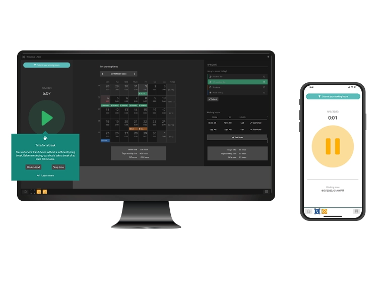 Screenshots der Working App auf dem PC und dem Smartphone