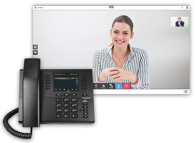 1 zu 1 Telefonat mit Video und Abbildung des entsprechenden Tischtelefones, über das telefoniert wird