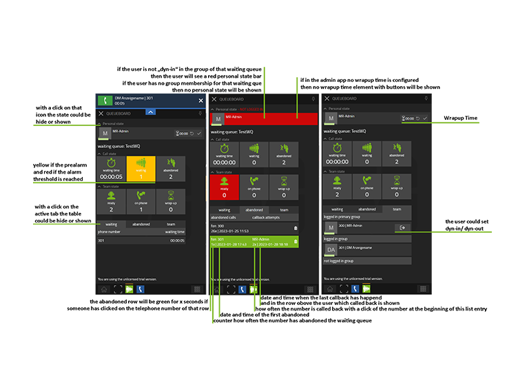 Screenshots der Queue Board User App mit beschrifteten Funktionen
