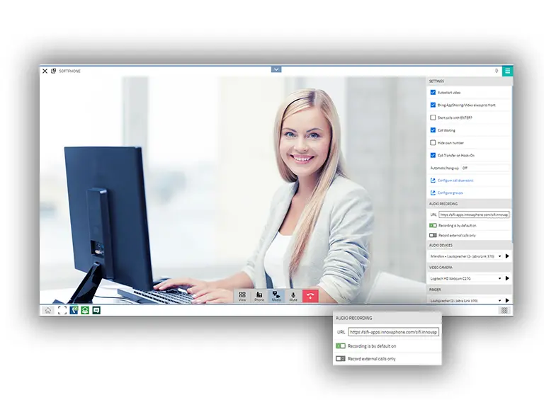 Videotelefonat über die Softphone App, von der man die Einstellungen sieht (Whitemode)
