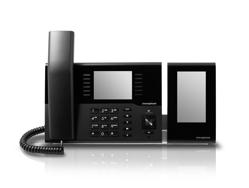 innovaphone IP222: IP phone (black) with extension module for 32 extra favorites, front view