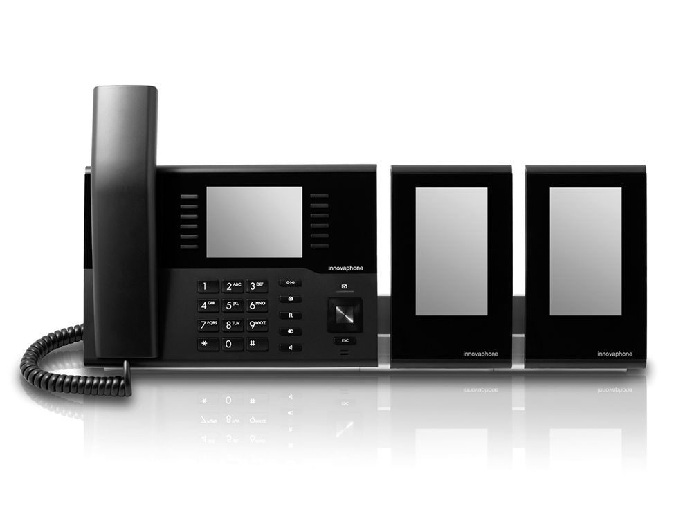 innovaphone IP222: IP phone (black) with two extension modules, front view