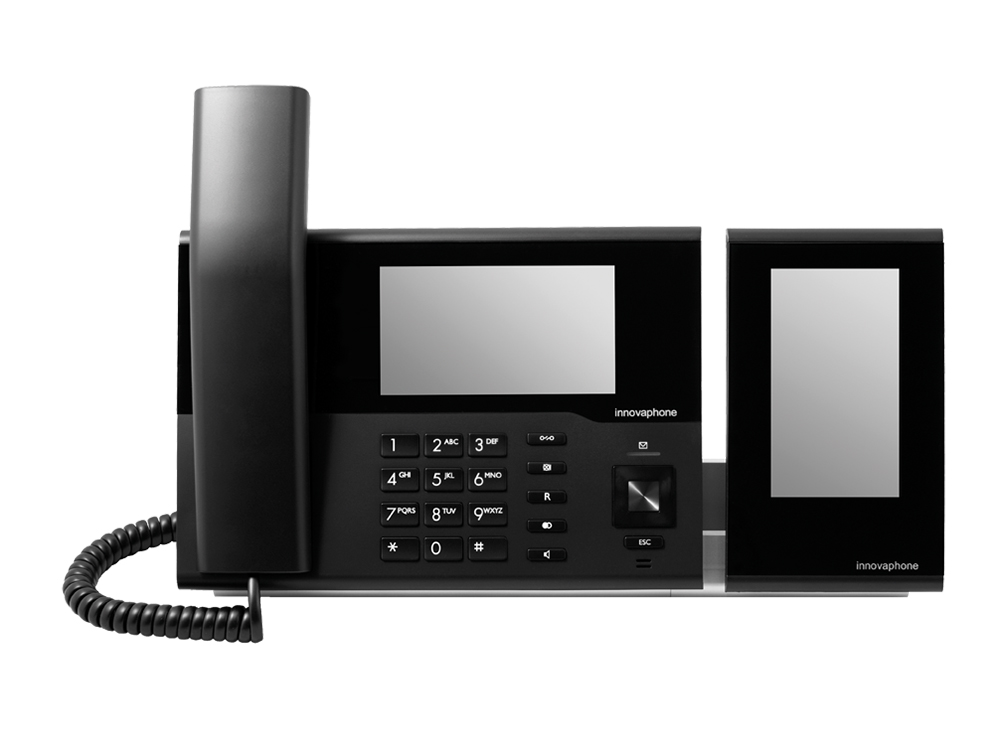 innovaphone IP232 : Téléphone IP noir avec écran tactile couleur et module d´extension, vue frontale