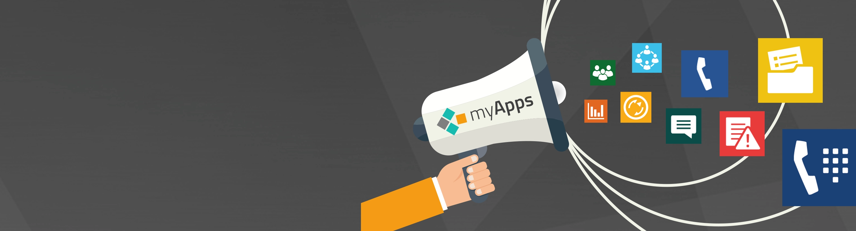 Megafon mit myApps Aufschrift, aus dem verschiedene App-Logos fliegen