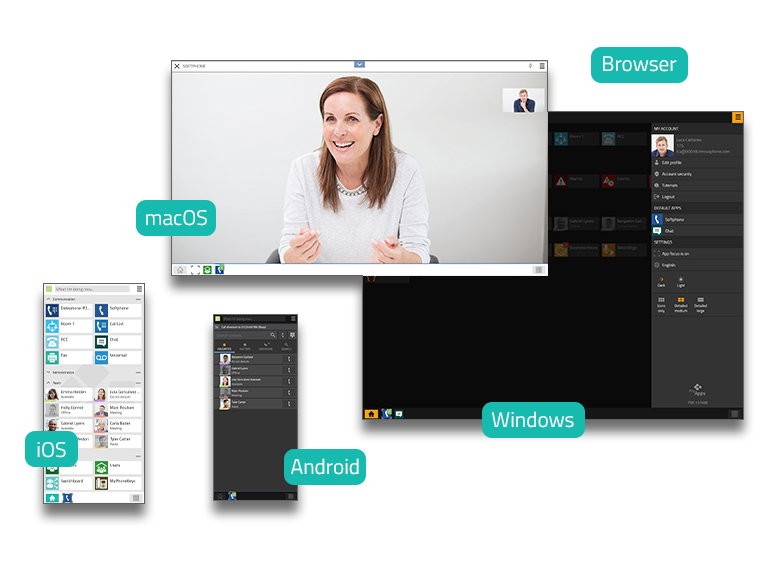 Screenshots der Softphone App, der Einstellungen und des Homescreens auf verschiedenen Geräten