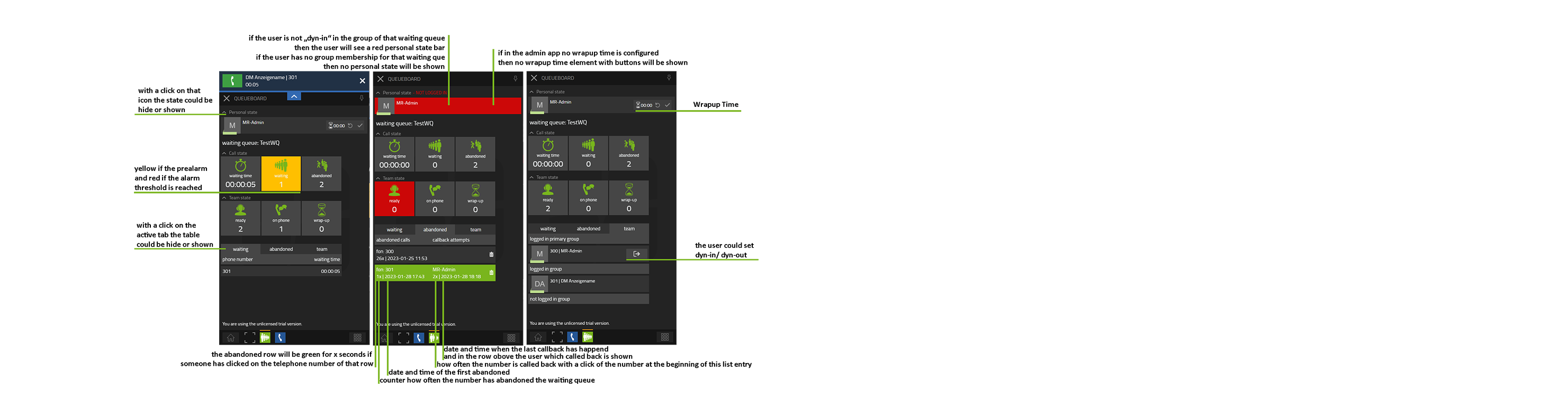 Screenshots der Queue Board User App mit beschrifteten Funktionen